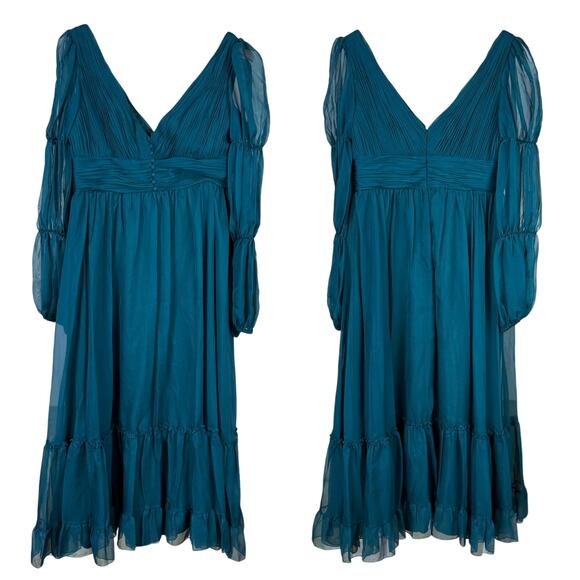 Mac Duggal NWT Teal Chiffon Ruched Tiered Puff Sleeve A Line Maxi Dress Size 6 - Picture 3 of 8